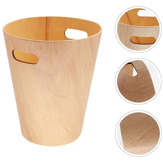 Garneck Wooden Trash Can Small Wastebasket Round 23X23X28Cm Desk Garbage Bin for Bedroom Office Table Use
