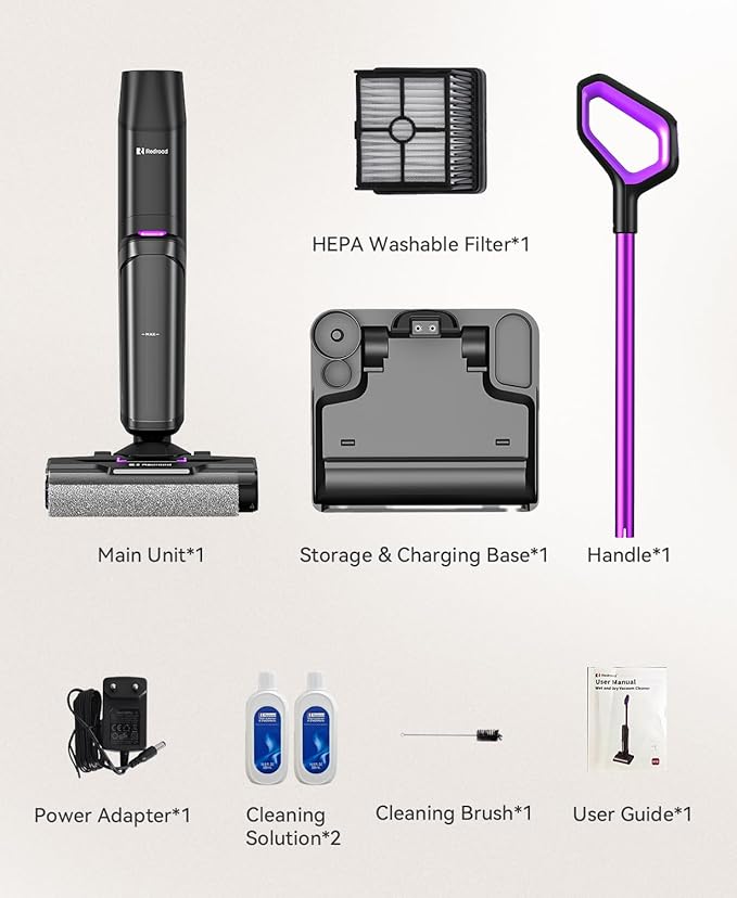 Redroad Wet Dry Vacuum Cleaner 16000Pa50Mins Runtime Cleaning Area 3013 ft²Cordless Vacuum Cleaner Cordless Vacuum and Mop All in Onefor Hard Floors Sticky Messes and Pet HairH15 Set