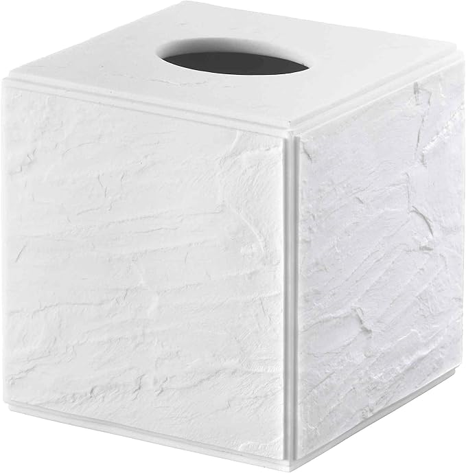 Nicole Miller - Tissue Box Cover Durable Resin Countertop Accessories with Textured Marble Design Fits Standard Tissues Modern Home Decor Dorm Room Essentials (Zen Collection White)