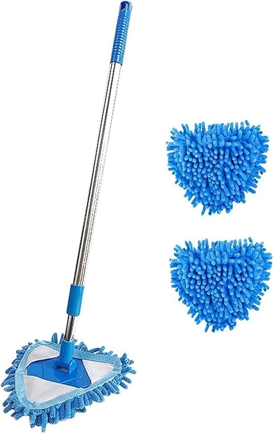 Wet and Dry mop 180 Degree Rotatable Adjustable Triangle Cleaning Blue MopHousehold Bathroom Kitchen Ceiling Tile (Two mop Heads)