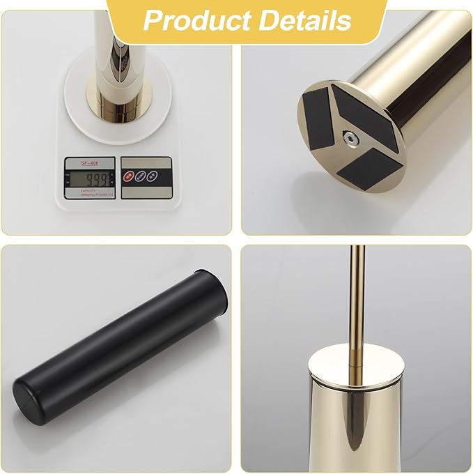 BGL Toilet Brush and Holder Set Heavy Duty 304 Stainless Steel Round Base and Long Handle for Bathroom Deep Cleaning Drip-Proof Space Saving for Storag Polished Gold