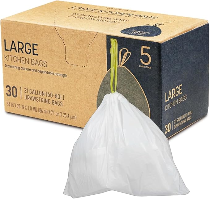 Trash Bags 30 Count White Drawstring Waste Bags | Leak-Resistant Tear-Resistant Unscented | For Bathroom Office Bedroom Bins (28.5×33.8in)
