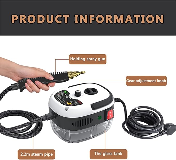 High Pressure Steam Cleaner 2500W Handheld High Temp Fast Heating Portable Cleaning Machine for Home Use Grout Tile Car Detailing Kitchen Bathroom with 3 Brush Heads