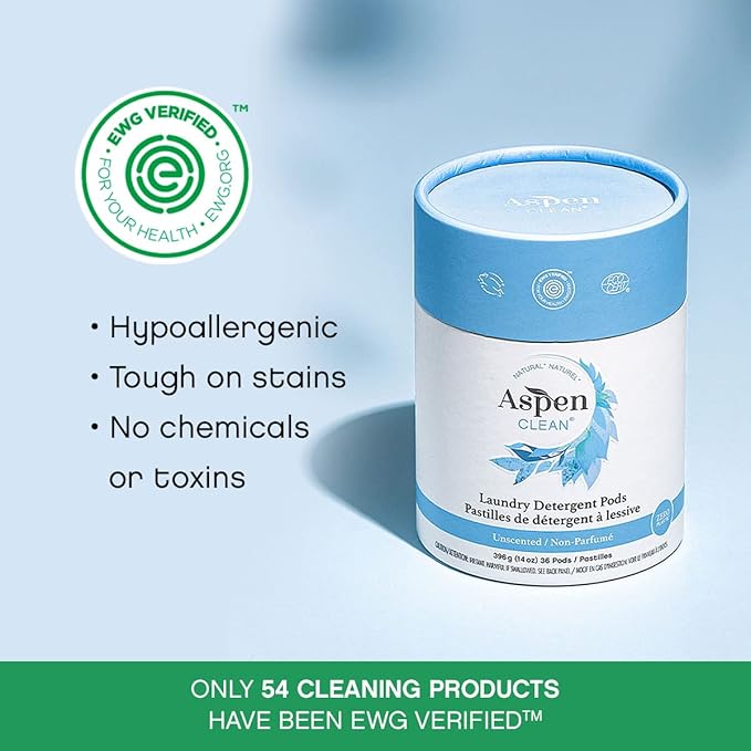 AspenClean | Laundry Pods | Unscented | Clean Detergent for Sensitive Skin | Zero Plastic | Non - Toxic | 100% Natural | EWG Verified - 36 Count