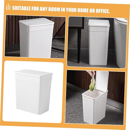 Press Lid Trash Can Large White Square Plastic Wastebasket with Covered Lid for Bathroom Kitchen Household Portable Small Trash Bin for Home Organization