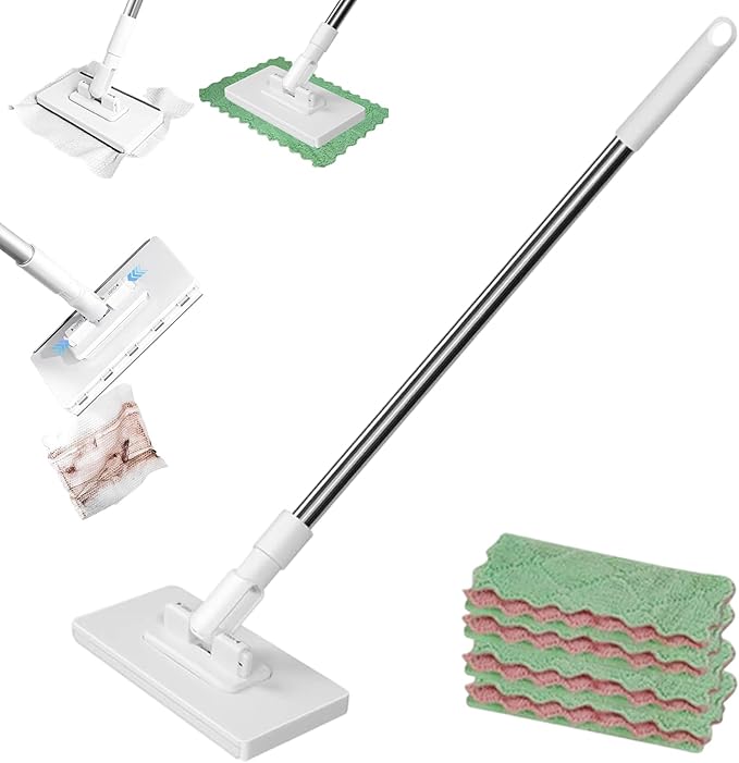 Convenient Cloth Changing Mini Mop No Wash Mop No Touch - Press to Fix &amp One-Click Disassembly 39in Long Handle Retractable 360 Rotation Lazy Mops Clip Mops (1Pc+5 Reusable Cloth)