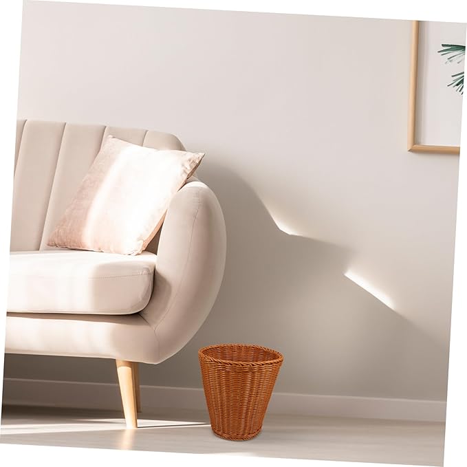 Imitation Rattan Woven Trash Can with Lid Lightweight Rustic Storage Basket for Living Room Bedroom Office and Portable Wastebasket for Sundries Organization