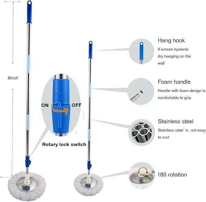 Spin Mop and Bucket with Wringer Set360° Spin Mop &amp Bucket Floor Cleaning System Mop Bucket with 61 Adjustable Extended Handle 3 Microfiber Replacement Head Refills