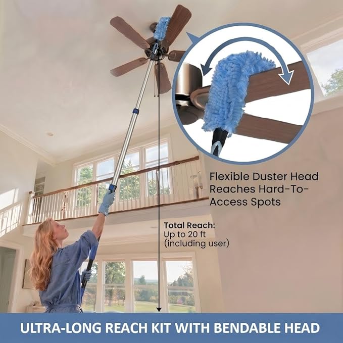 20ft High Ceiling Duster Kits with 5-12ft Heavy Duty Extension Pole - Fan Blade Cleaner Cobweb Remover &amp Blue Window Squeegee Kit Washable Dust Brush for High Roof and Glass Surfaces