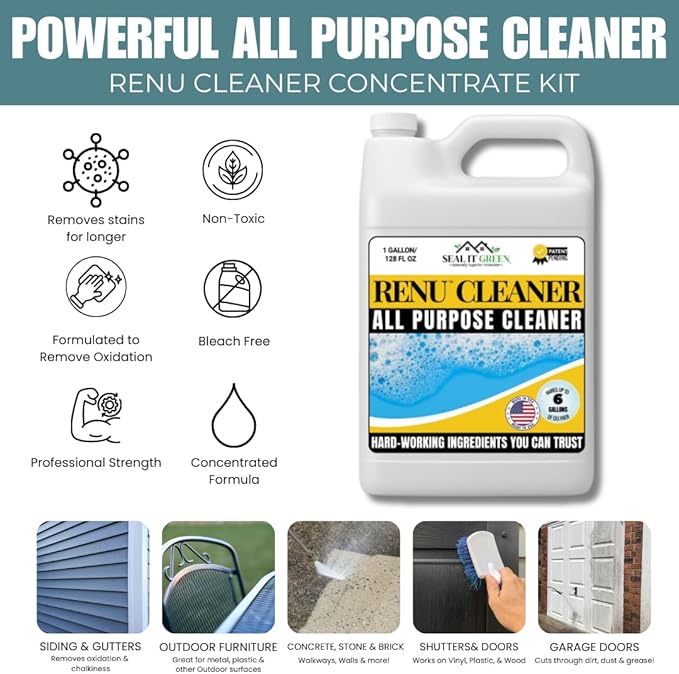 Renu Cleaner Concentrate Whole House Kit - Heavy Duty Cleaner Removes Stains Oxidation &amp More. Ideal For Vinyl Siding Decks Patio Fences Pavers &amp Outdoor Fabrics. Cleans an Incredible 30