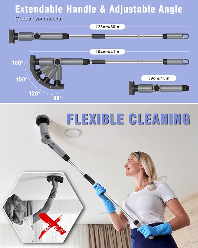 Electric Spin Scrubber [IPX8 Waterproof ] [50KG Torque] Shower Scrubber with 9 Brush Heads 2 Speed Mode 4 Adjustable Angles Electric Brush for Cleaning for Bathroom Floor Tile (Gray)