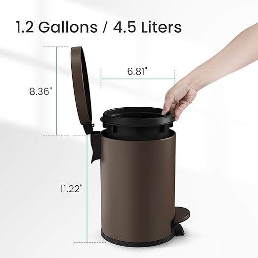 Cesun 1.2 Gallons Small Brown Trash Can Bathroom Garbage Can with Lid and Foot Pedal Mini Round Wastebasket for Bathroom Bedroom Office 4.5 Liters / 1.2 Gallons Brown