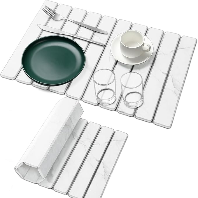 Premium Foldable Stone Bath Mat - Ultra Absorbent Quick Drying Compact Easy to Store &amp Clean Non-Slip Diatomaceous Earth Bath Shower Mat (Marble White)