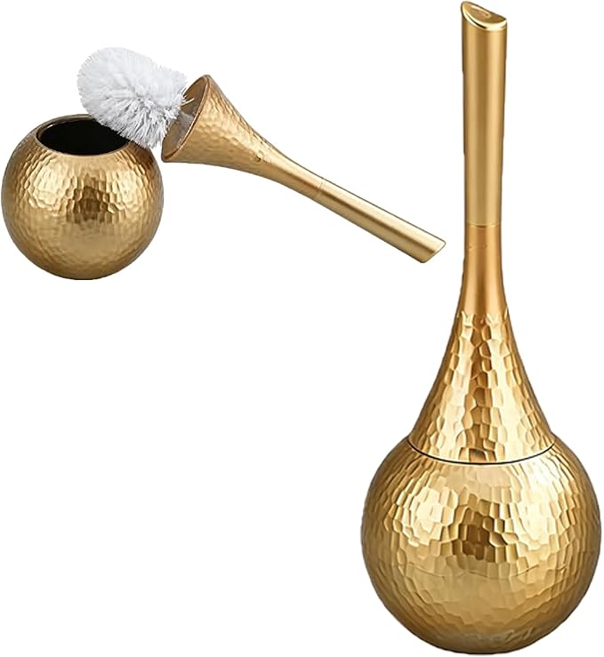 Gold Toilet Brush and Holder Set Hammered Elegant Bathroom Decor with Anti-Splash Shield &amp 360° Cleaning Base Rust-Proof ABS Modern Bath Accessories for Home Hotel