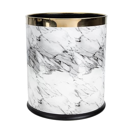 Marble Pattern Round Wastebasket Plastic Trash Can for Bathroom Bedroom Office Home Kitchen with Easy Bag Replacement and Stylish Lidless Design