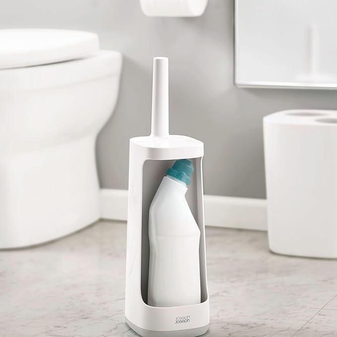 Joseph Joseph Flex Plus - Smart Hygienic Silicone Toilet Brush with Storage Bay Caddy flexible anti-drip anti-clog deep clean head - Large White/Grey
