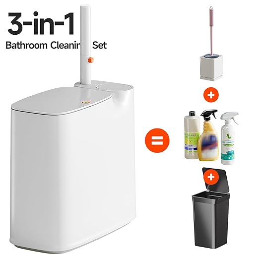 CTIME Bathroom Trash Can Set - Narrow White Plastic Small Trash can a Toilet Wand Toilet Brush Holder and 36 Refills 2 Gallon Trash can with pop-up lid Suitable for bathrooms and Small Toilets.