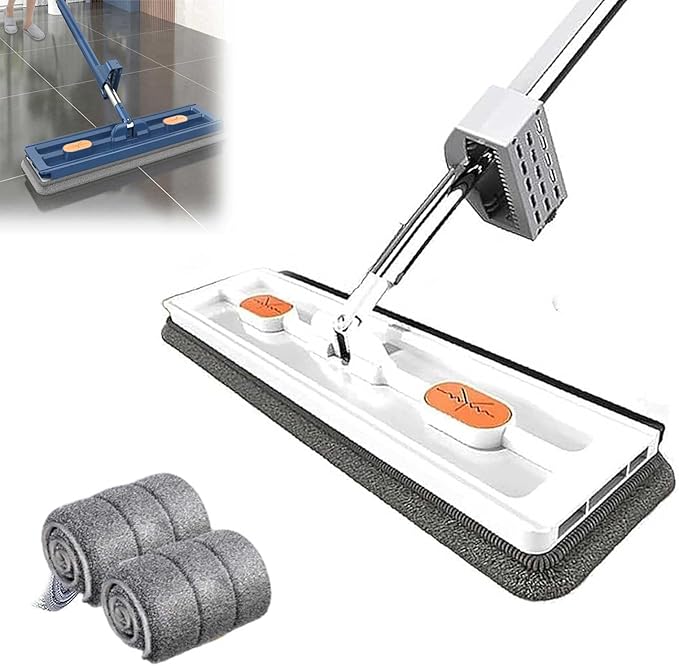 Self-Wringing 360° Flat Mop with Reusable Washable Mop Cloths Reusable Washable Mops Pads Mopping for Hardwood Laminate Tile Cleaning (White)