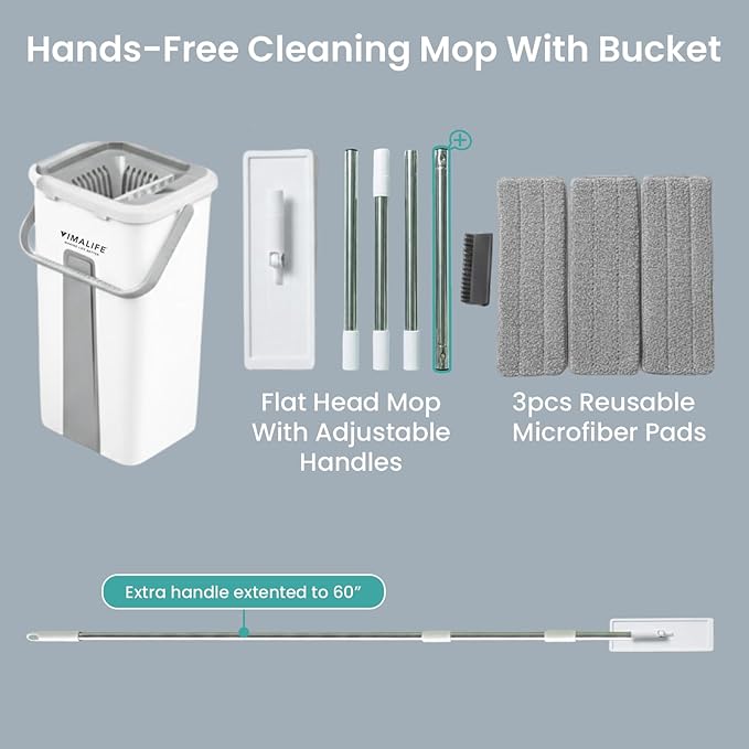 VIMALIFE Mop and Bucket Set with Wringer Self Cleaning Flat Mop and Bucket System 2 Parts Bucket Wash &amp Dry System 360° Rotating 3 Microfiber Pads Included Ideal for Homes Floor &amp Wall Ce