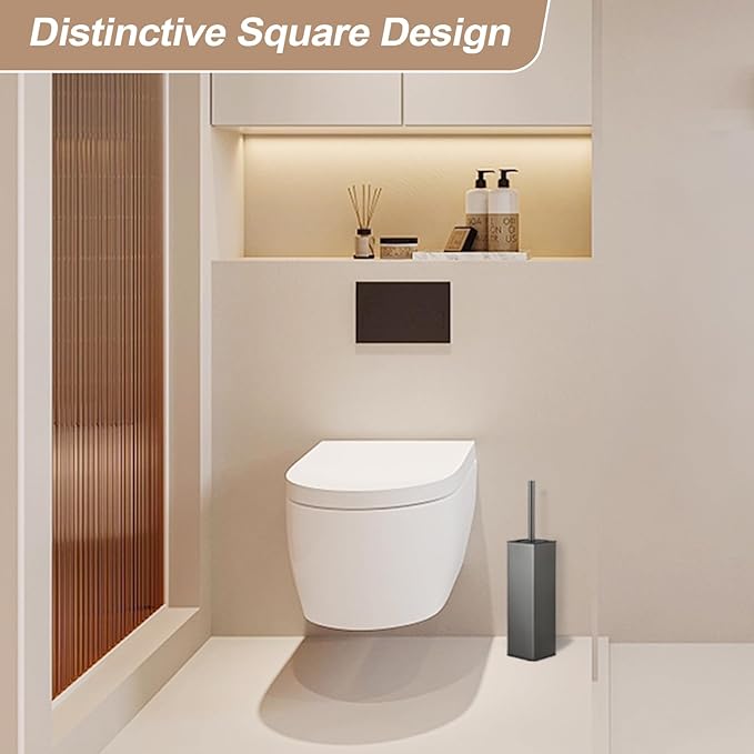 BGL Standing Toilet Brush and Holder GunGrey Aluminium Toilet Bowl Cleaner Brush and Holder for Bathroom Storage and Organization Square Design Sturdy and Space Saving