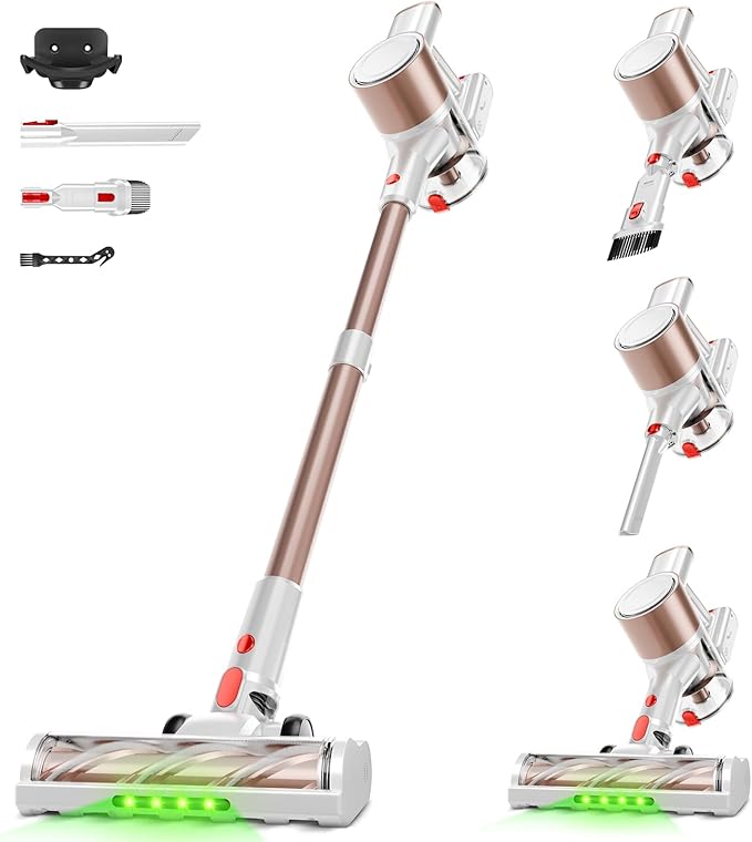 Cordless Vacuum Cleaner Powerful Suction Vacuum Cleaners for Home Stick Vacuum Cordless with LED Display Anti-Tangle &amp Wall Mount 8 in 1 Lightweight Vacuum for Hard Floors Pet Hair(Gold)