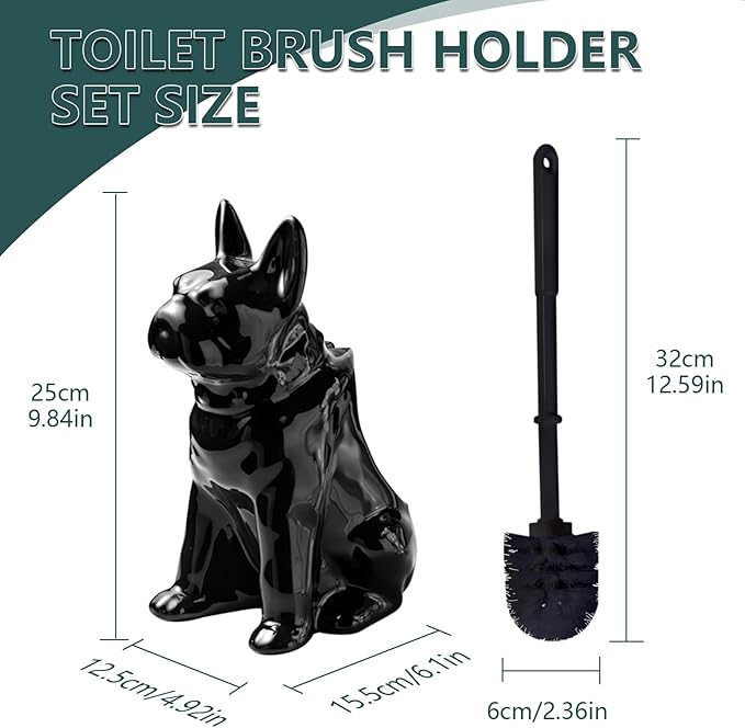Toilet Brush Holder Set for Bathroom Cute Dog Base Solidly Toilet Bowl Brush Holder and Decorative Bathroom Ceramic Cleaning Kit with Brush and Holder (Black)
