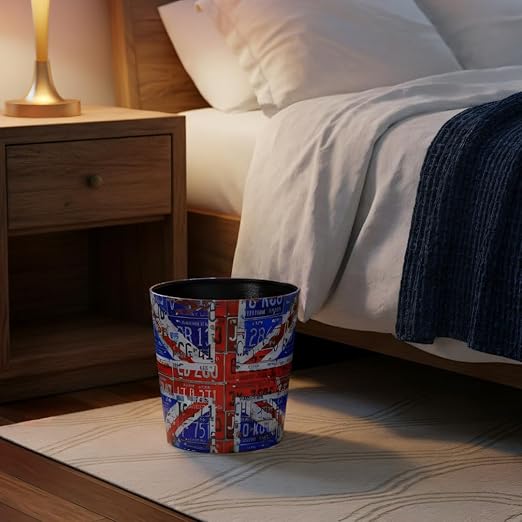 PU Leather Small Trash Can Wastebasket Round Garbage Container Basket for Bathrooms Laundry Room Kitchens Offices Kids Rooms BedroomsDormsHome Decorative Art Bin 2.9 Gallon (Union Jack)