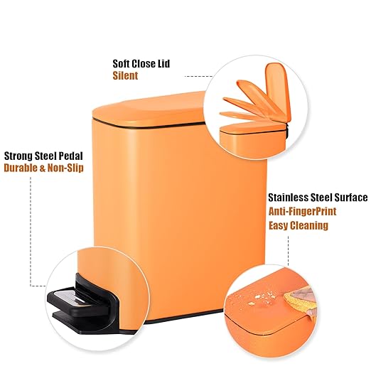 Cesun Small Bathroom Trash Can with Lid Soft Close Step Pedal 6 Liter / 1.6 Gallon Stainless Steel Garbage Can with Removable Inner Bucket Anti-Fingerprint Finish (Matt Orange)