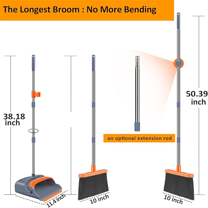 kelamayi Upgrade Broom and Dustpan Set Self-Cleaning with Dustpan Teeth Indoor&ampOutdoor Sweeping Ideal for Dog Cat Pets Home Use Stand Up Broom and Dustpan (Gray&ampOrange)