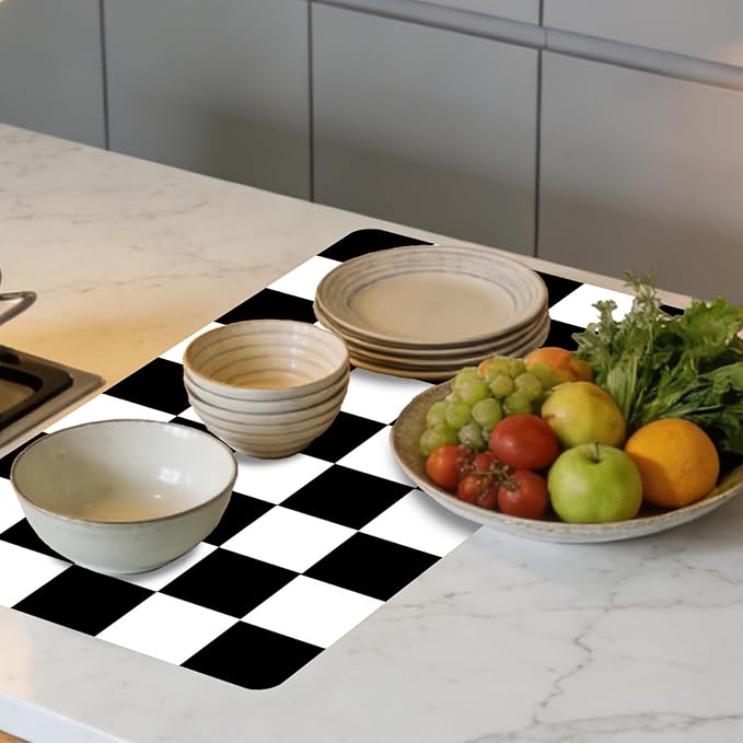 Nuxovilar Coffee Bar Mat Natural Rubber &amp Canvas Fabric 16.92 x 31.1 Checkered Coffee Bar Accessories Protective Mat Home Kitchen Countertop