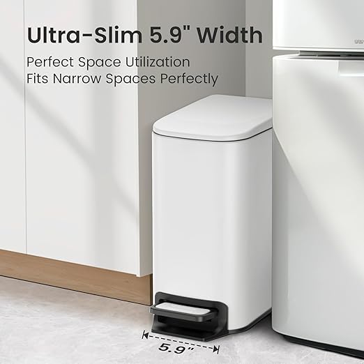 Cesun Small Bathroom Trash Can with Lid Soft Close Step Pedal 6 Liter / 1.6 Gallon Stainless Steel Slim Garbage Can for Bedroom Diaper Waste Basket with Removable Inner Bucket (White)