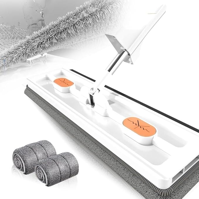 Large Flat Mop New Upgrade Style Large Flat Mop for Wet and Dry Use360 Rotating Dust Mop with Dewatering Scraper with 2 Scraper 12027(White with 2 Mop)