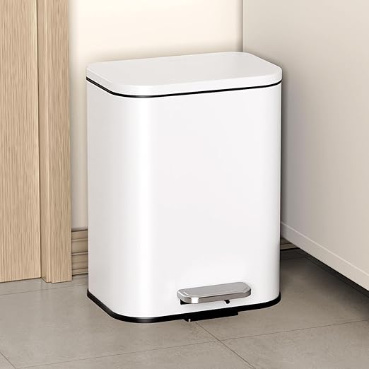 Cesun Small Bathroom Trash Can with Lid-1.3 Gal Outdoor Stainless Steel Garbage Can for Dog Poop with Anti-Slip Base for Bathroom Bedroom Office RV Living Room White
