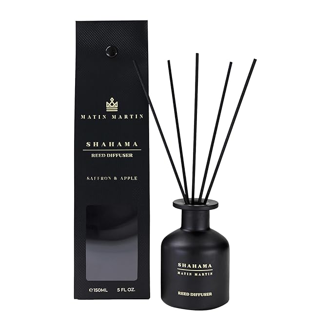 Matin Martin Shahama Reed Diffuser 5 oz - Luxury Aromatherapy with Saffron &amp Apple - Home Decor Gift for Bedroom Office Living Room and Bathroom - Long Lasting Scent with Premium Fragrance Stic