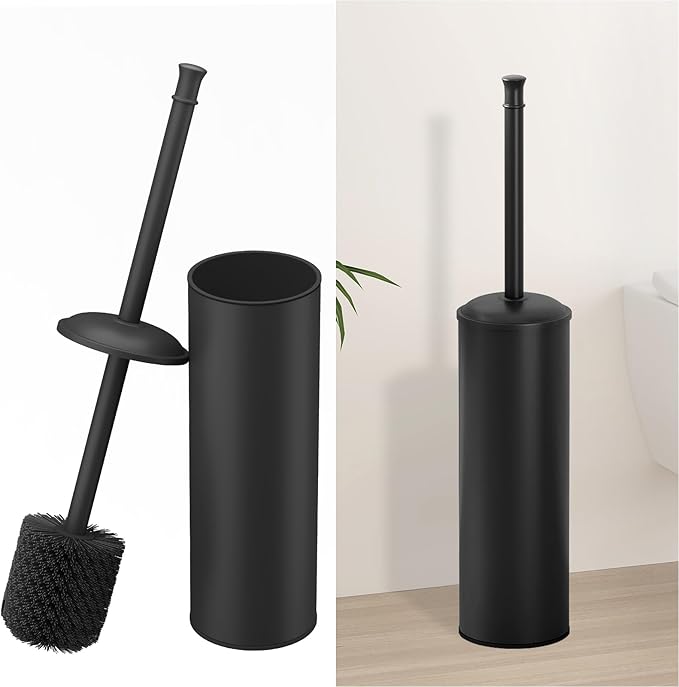 BESy Toilet Brush and Holder Toilet Cleaner Bowl Set with Two Brush with Extra Long Handle Durable Bristles Toilet Scrubber and Covered Holder Drip-Proof Stainless Steel Matte Black
