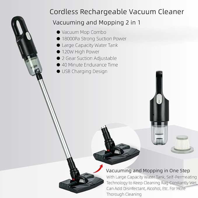 Cordless Stick Vacuum Cleaner and Mop All in One 18000Pa Suction Cordless Wet Dry Vacuum Cleaner with Water Tank Household Upright Vacuum Cleaner and Mop Combo for Hard Floor Pet Hairs (Black)