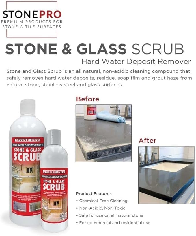 Hard Water Deposit Remover KIT - Scrub Deep Cleans Granite Countertops Travertine Showers Glass Shower Doors (1 Pint Stone Pro Stone &amp Glass -16 Fl Oz 5 white pad &amp Cleaning Cloth)