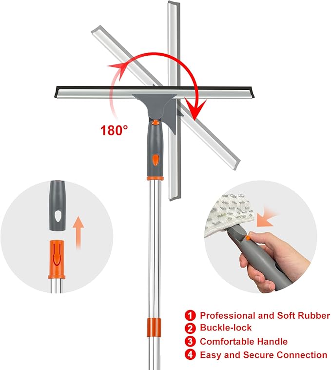 BITOPE Window Cleaner Tool Squeegee for Window Cleaning with 86 Extendable Pole Microfiber &amp Chenille Pad Squeegy for Exterior High Window Shower Door Glass Car RVs