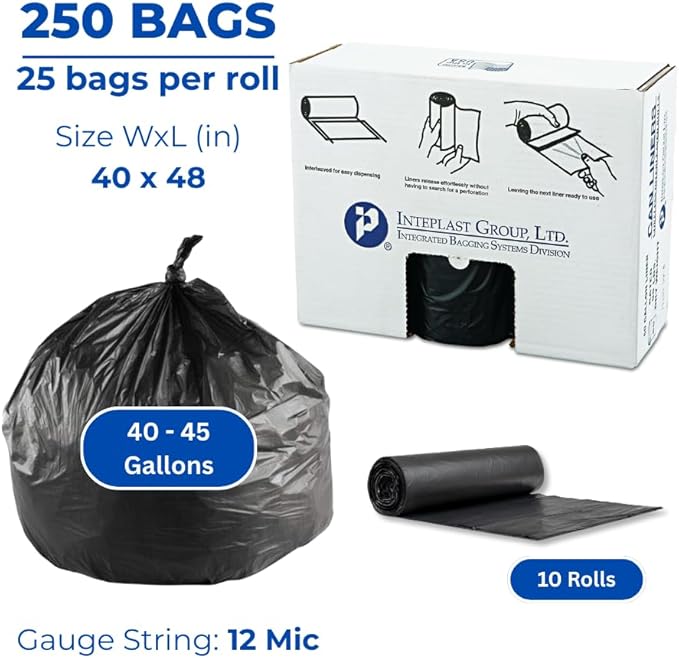 Inteplast 40-45 gallon coreless roll trash can liner 40 x 48 in 12 micron thickness 25 bags per roll 10 rolls black | 250 Count (S404812K)