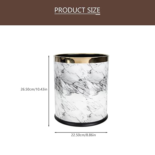 Marble Pattern Round Wastebasket Plastic Trash Can for Bathroom Bedroom Office Home Kitchen with Easy Bag Replacement and Stylish Lidless Design