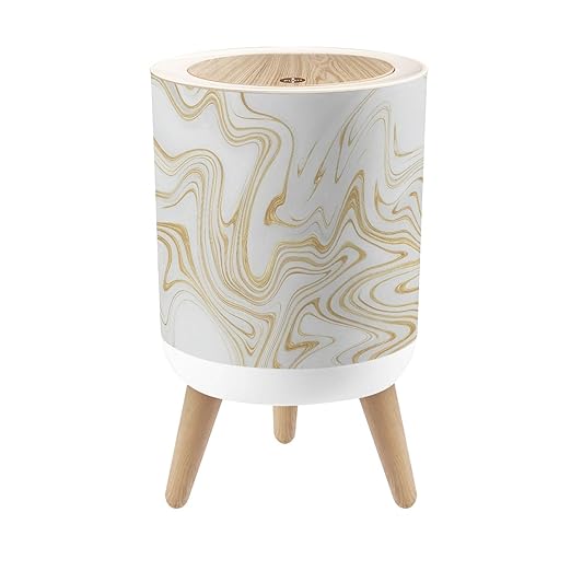 Bathroom Trash Can with Lid White Gold Marble Marbling Texture Design Abstract Oil Painting Style Garbage Bin Waste Basket for Kitchen Office Bedroom Decoration Diaper Pail 1.8 Gallon