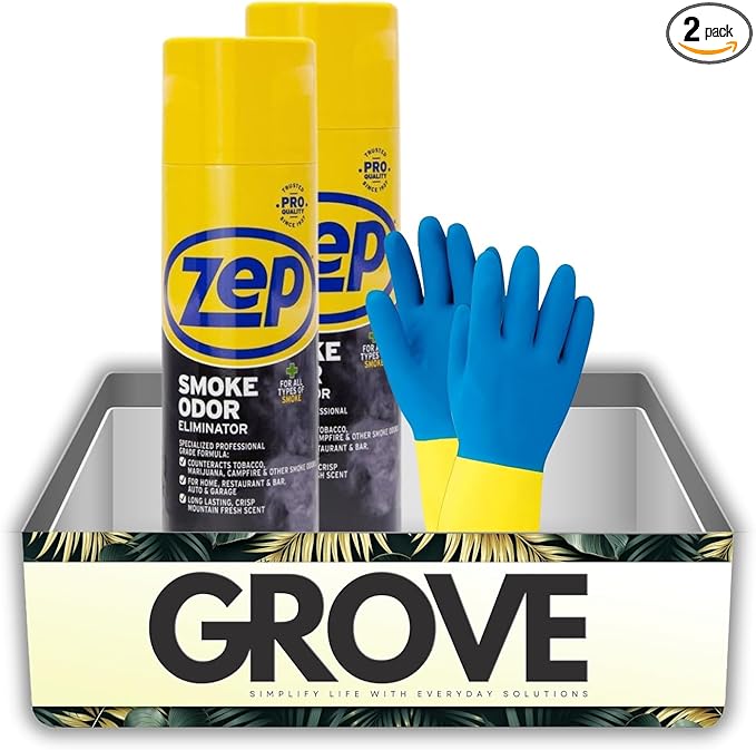 2x Zep Fresh Clean Scent Smoke Odor Eliminator 16 oz Liquid Bundle with Cleaning Gloves – Neutralizes Smoke and Weed Smell in Home and Car – Gift Set (3 Items)