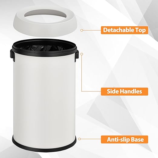GarveeHome 17 gal/65 L Open Top Trash Can Stainless Steel Rubbish Bin Commercial Grade Waste Container Round Garbage Can for Outdoor Home Office Restaurant White