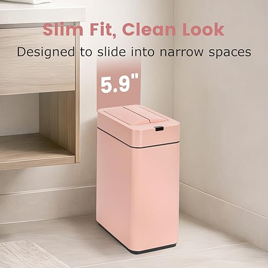 Sensor Trash Can with Butterfly Lid 2.6 Gallon Rectangular Automatic Garbage Can Stainless Steel Trash Bin Slim Waterproof Wastebaskets with Lid Soft Close for Under Counter Pink