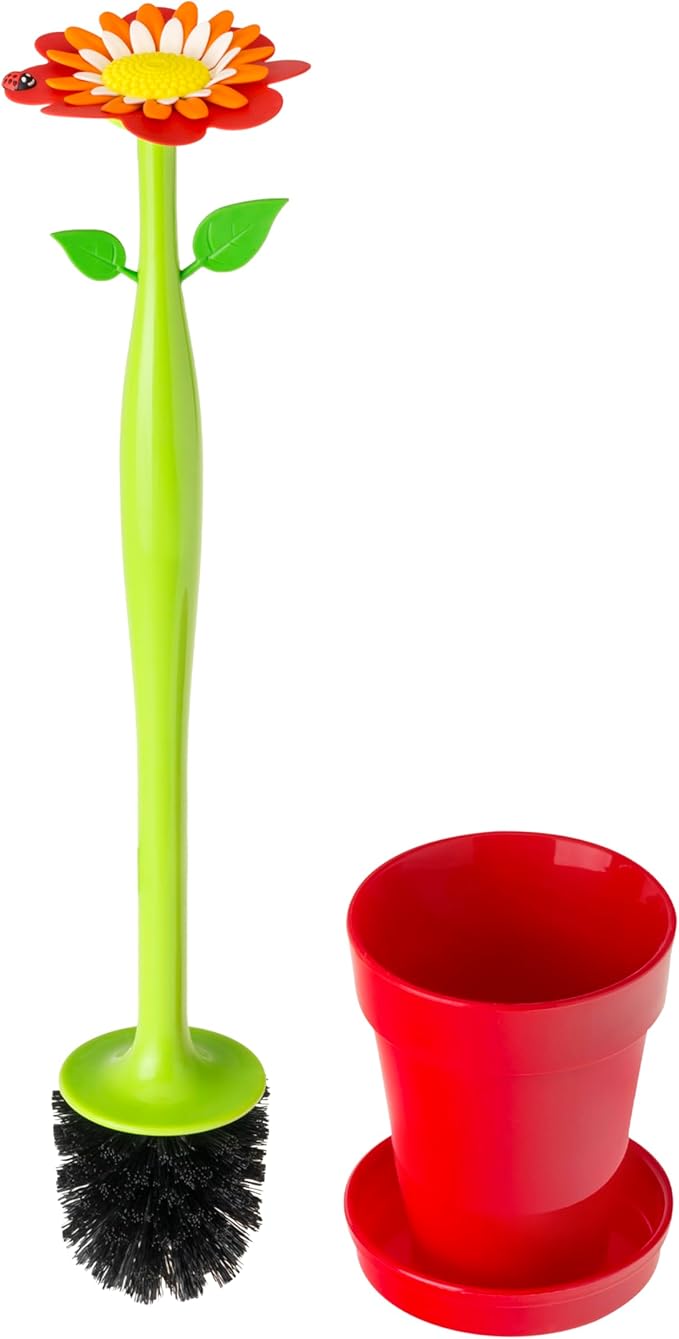 Vigar Flower Power Toilet Brush and Holder Set Toilet Bowl Cleaner with Daisy-Shaped Handle Flowerpot Base and Saucer for House and Bathroom Red