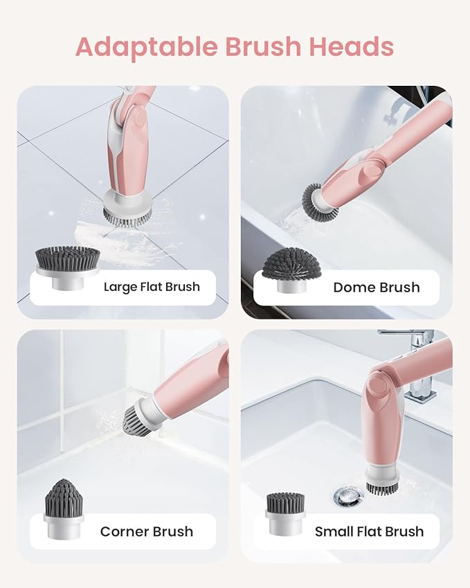 Leebein Electric Spin Scrubber Shower Scrubber with 4 Adjustable Angles and 8 Brush Heads Electric Scrubber with Long Handle &amp Remote Controller Cleaning Brush for Bathroom Tub Floor (Pink)