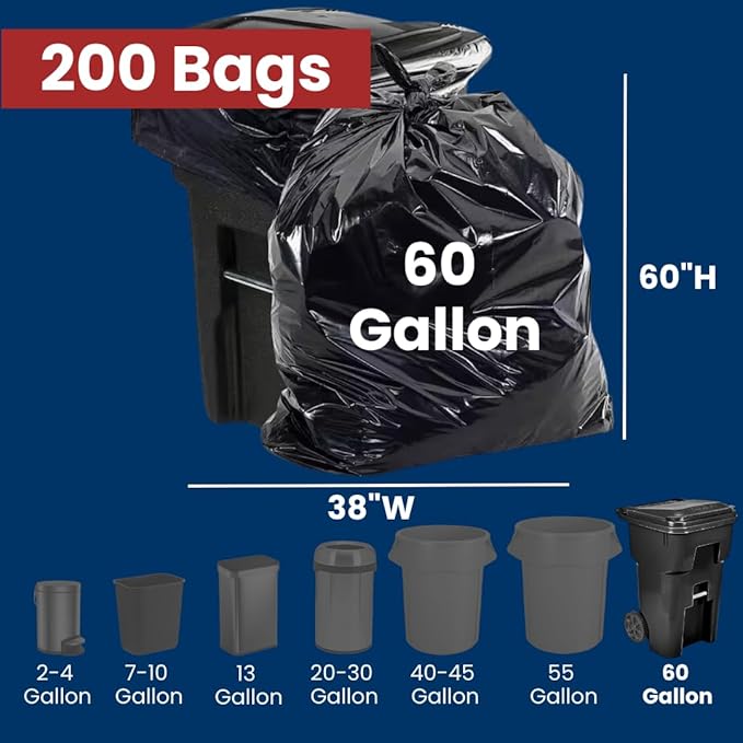 60 Gal Trash Bags | 200 Count | 38 X 60 Black Extra-Large Garbage Bags for Outdoor Use
