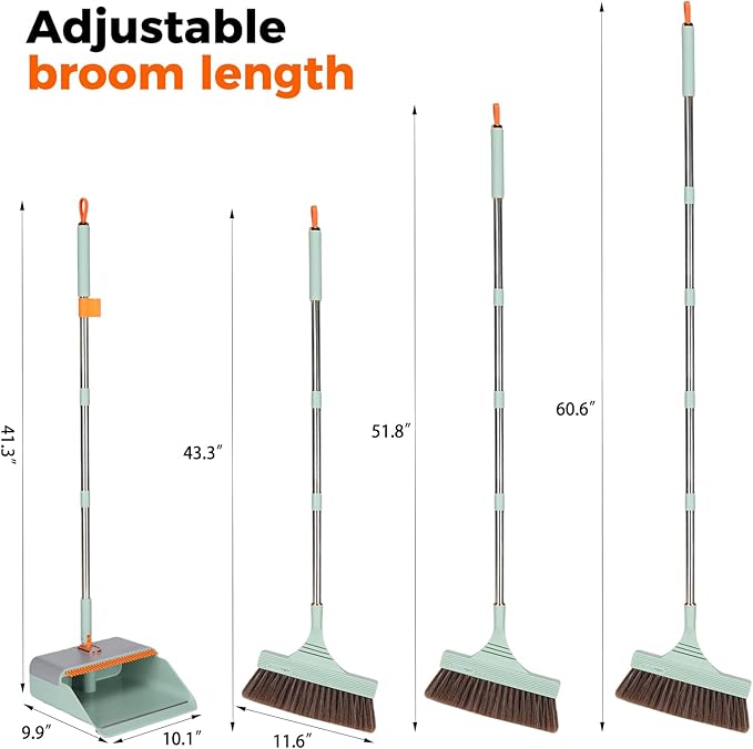 Broom and Dustpan Set with Adjustable Handle Upright Design Built-in Comb Teeth Mint Green for Home Office Hardwood Floors Pet Hair (Green/Gray)