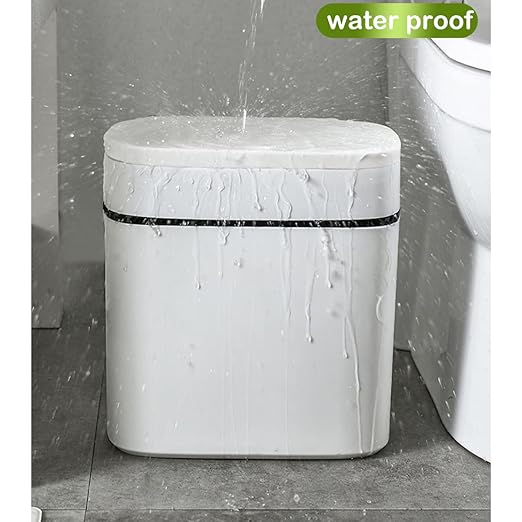 14 Litre Trash Can with Press Top Lid 3.7 Gallons Plastic Garbage Bin Slim Wastebasket for Bathroom Kitchen Toilet Office Room Bedroom White lid Without Brush