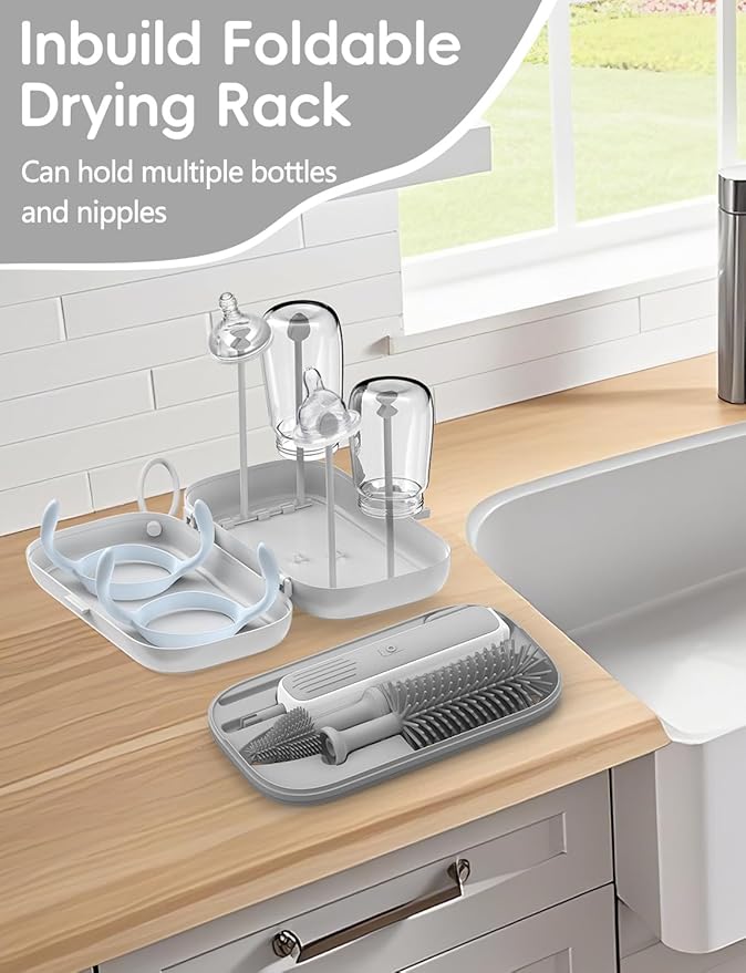Electric Bottle Brush Cleaner Baby Bottle Brush Travel Set 360° Efficient Cleaning 2000 mAh Battery Travel Bottle Brush Set with Drainage Rack and Storage Box Baby Travel Essential Grey